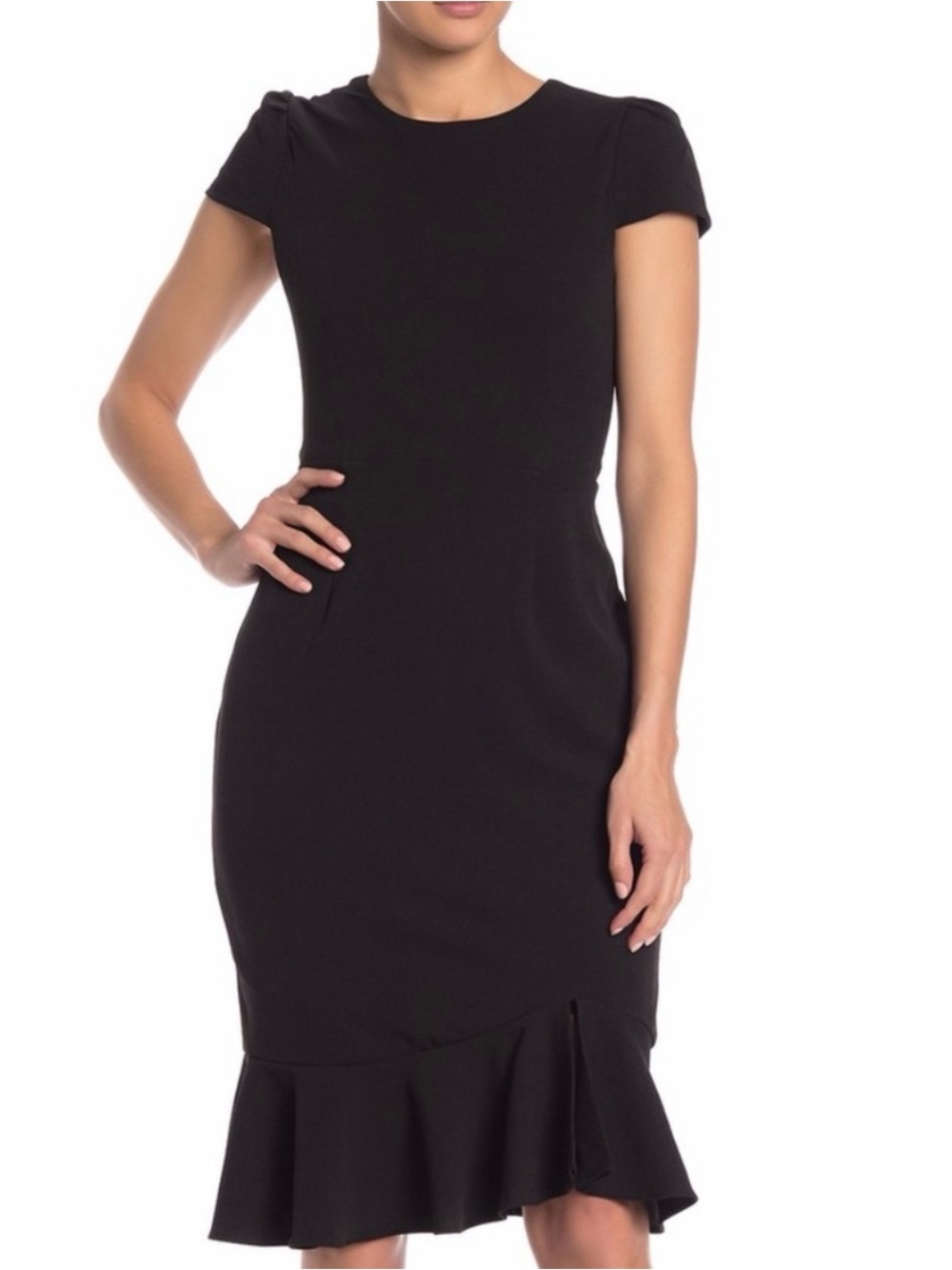 Betsey Johnson BLACK Scuba Crepe Ruffle Hem Midi Sheath Bodycon Dress Size 6